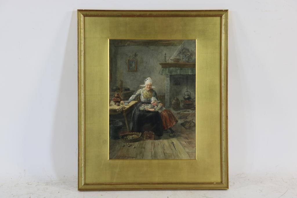 Ijzerdraad, Willem Bernardus, signed, Volendam interior, watercolor 34 x 25 cm. - Image 2 of 4