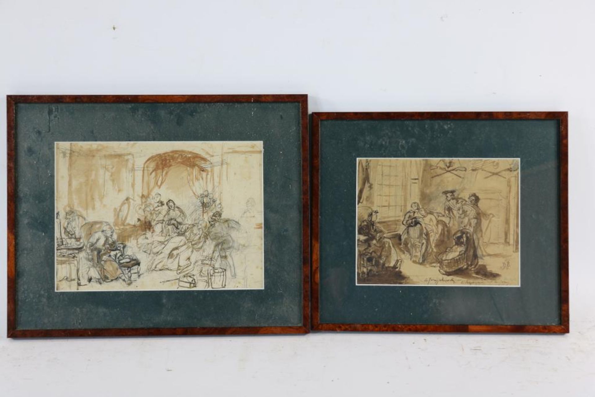 Onbekend, figuren in interieur, lot van 2 studietekeningen 16 x 21 en 19 x 26 cm.