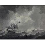 Unknown, not signed, 18th/19th century, ships in stormy weather, drawing in ink 50 x 64 cm.