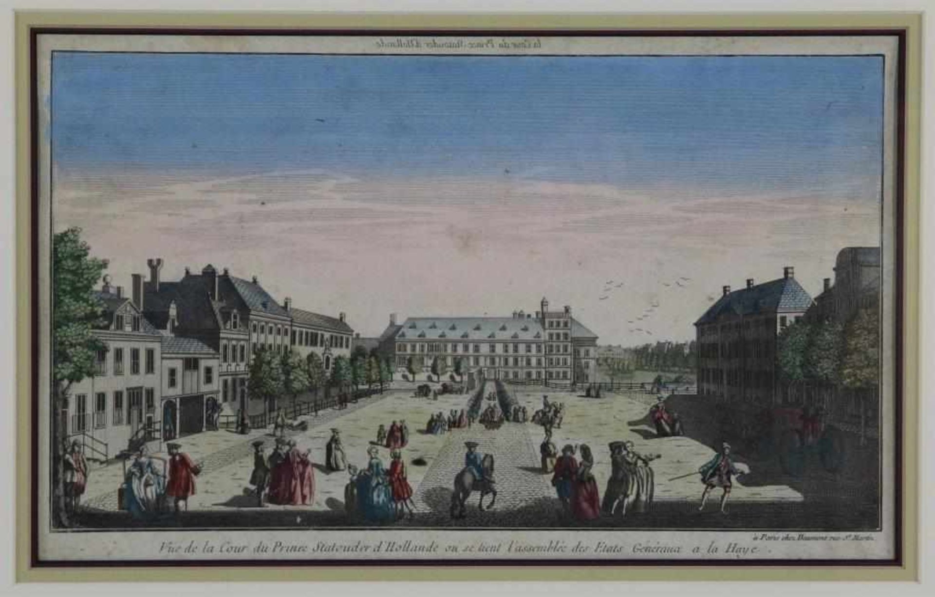 Vue de la Cour du Prince Statouder, engraving 18th century, 25 x 51 cm.