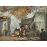 Onbekend, onges., pasar in Indonesie, marouflé 24 x 31 cm.<