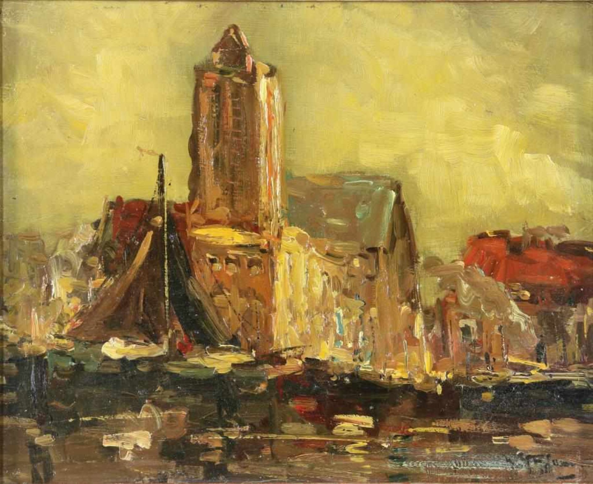 JANSEN WILLEM GEORGE F. (1871-1949), ges. r.o., stadsgezicht, paneel 24 x 30 cm.