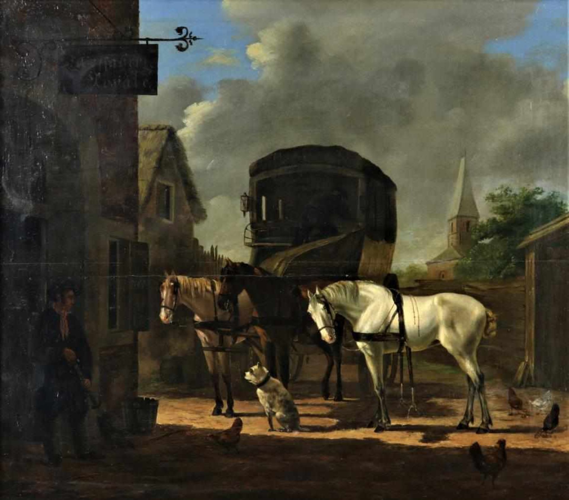 Hare, J. ges. en gedat. 1828 r.o., diligence met paarden, paneel 46 x 54 cm.