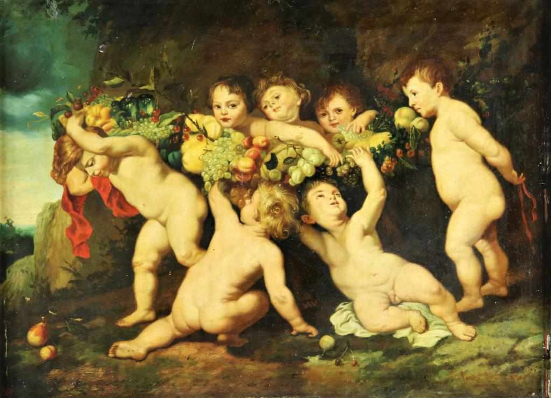 Onbekend, onduid. ges. r.o., putti met fruit (naar Rubens), paneel 30 x 41 cm.