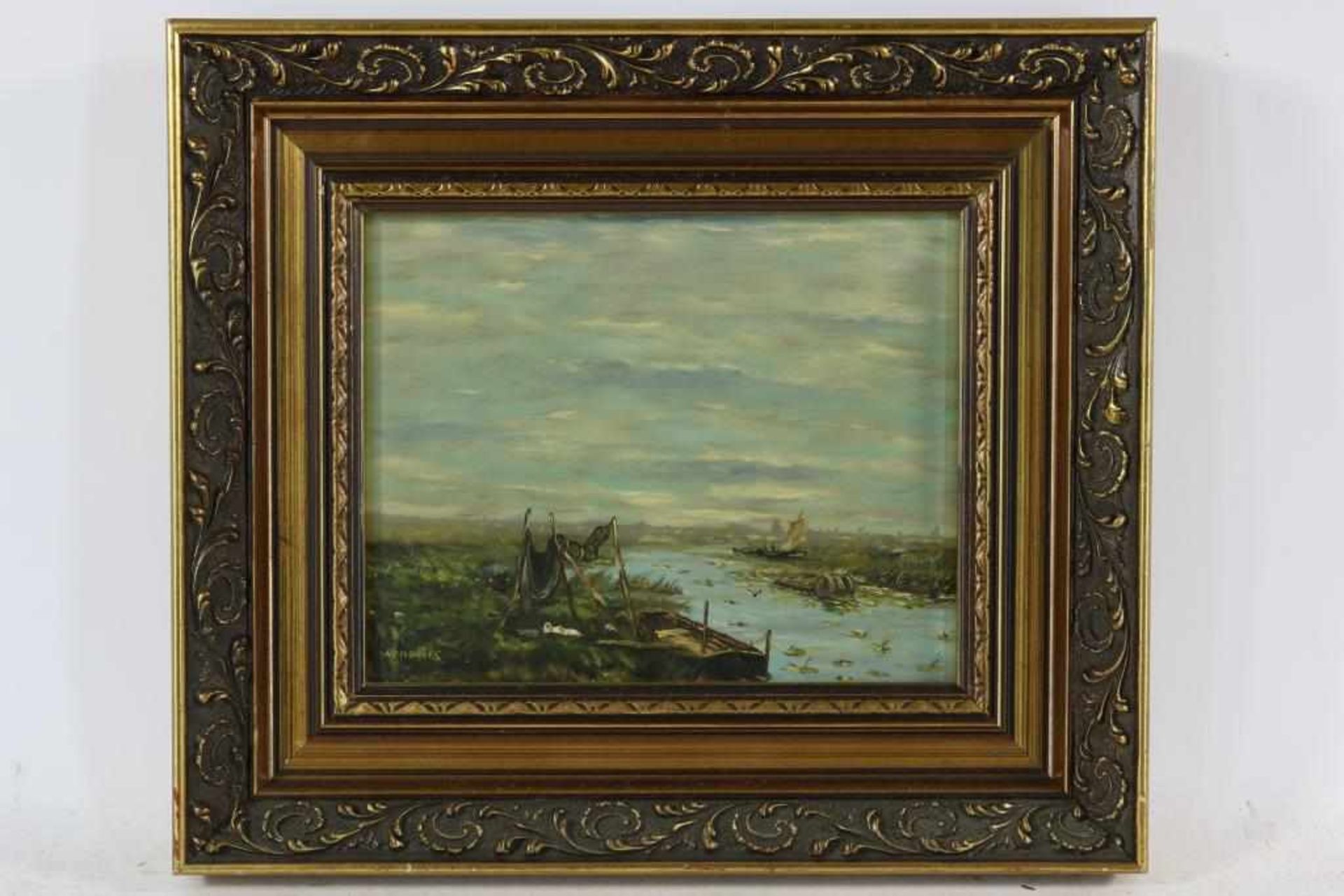 Hendriks, met sign. l.o. rivierlandschap, paneel 19 x 24 cm. - Bild 2 aus 4