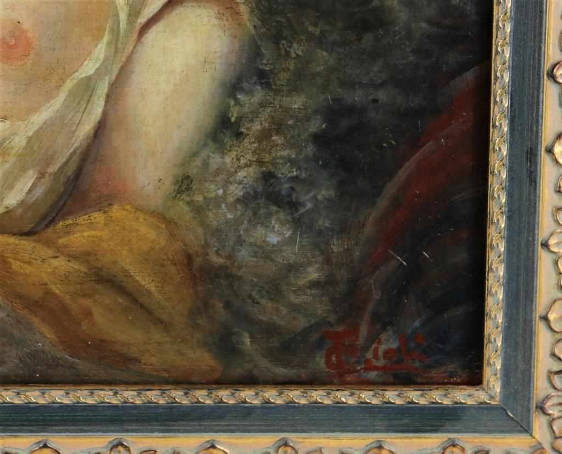 Unknown, unclear signed l.r., woman on sofa with book and bare bosom, oil on panel 41 x 51 cm. - Bild 3 aus 4