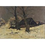 Hopman, Joh. ges. en gedat. '29 r.o., boerderij in de winter, paneel 60 x 80 cm.