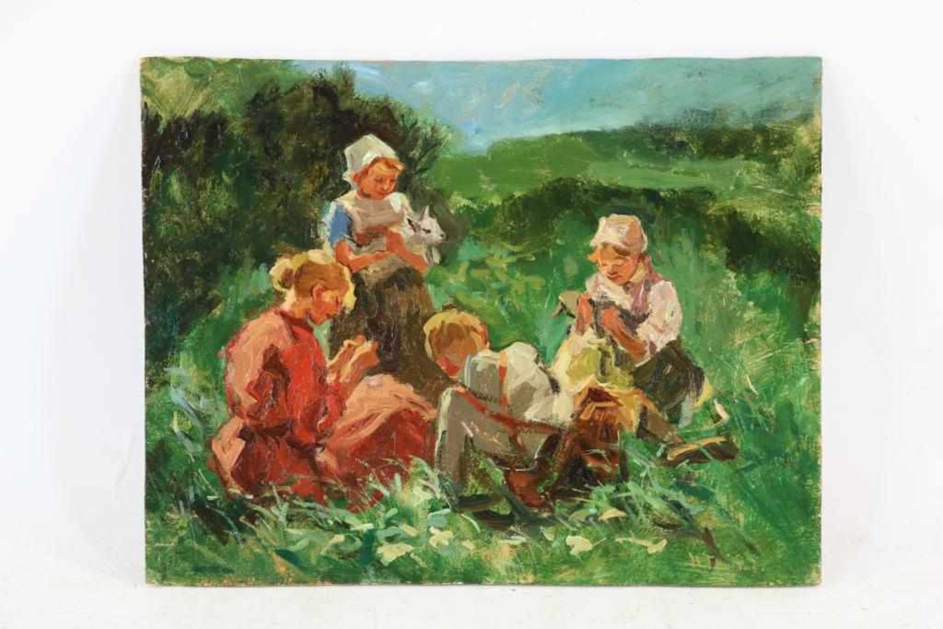 Onbekend, onduid. ges. r.o., kinderen met geitjes in de wei, board 29 x 37 cm. - Bild 2 aus 3