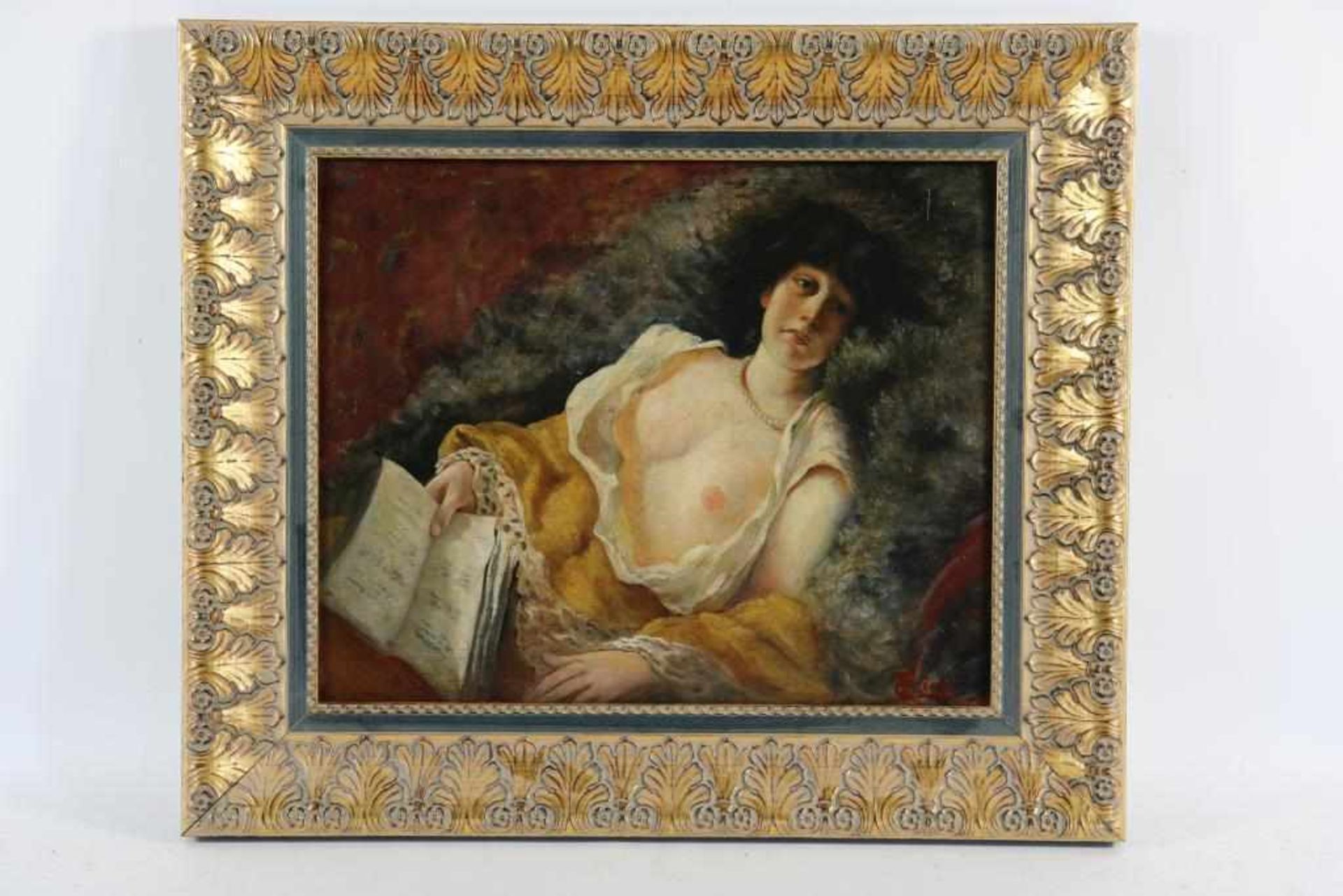 Unknown, unclear signed l.r., woman on sofa with book and bare bosom, oil on panel 41 x 51 cm. - Bild 2 aus 4