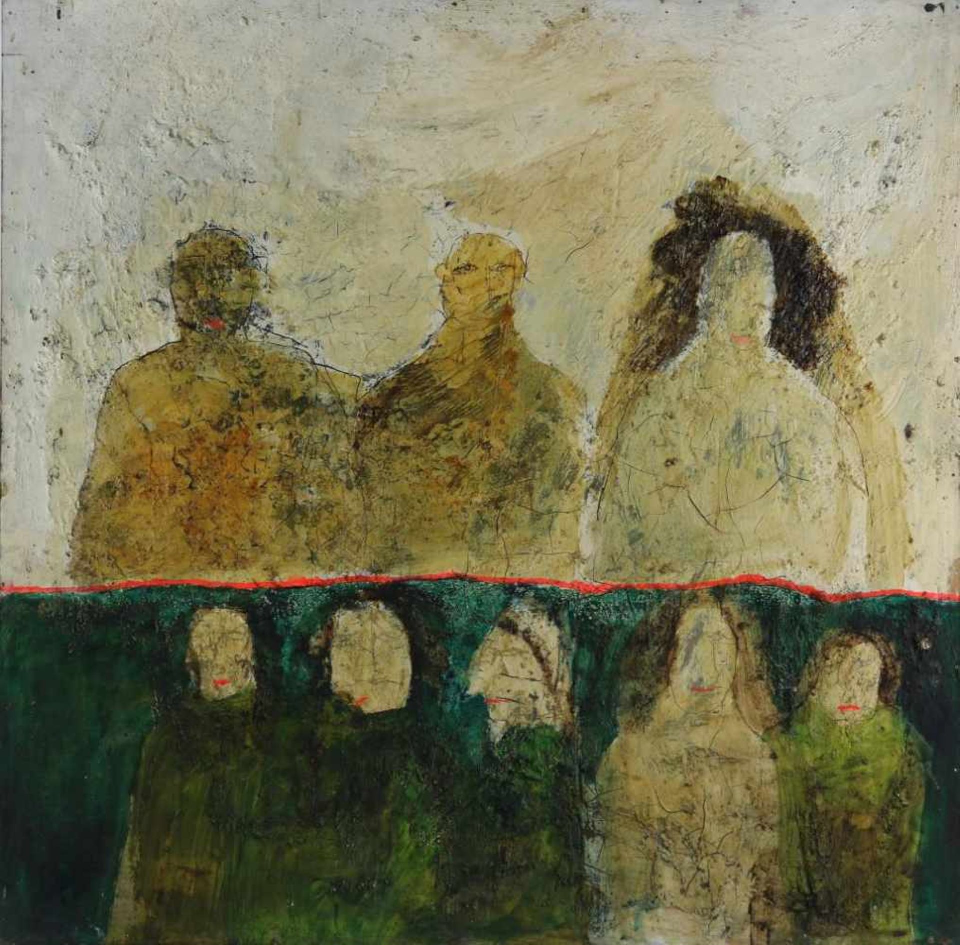 IJpelaar, Antje, not signed, human figures, board 122 x 122 cm.IJPELAAR, ANTJE (1942-1987), zonder