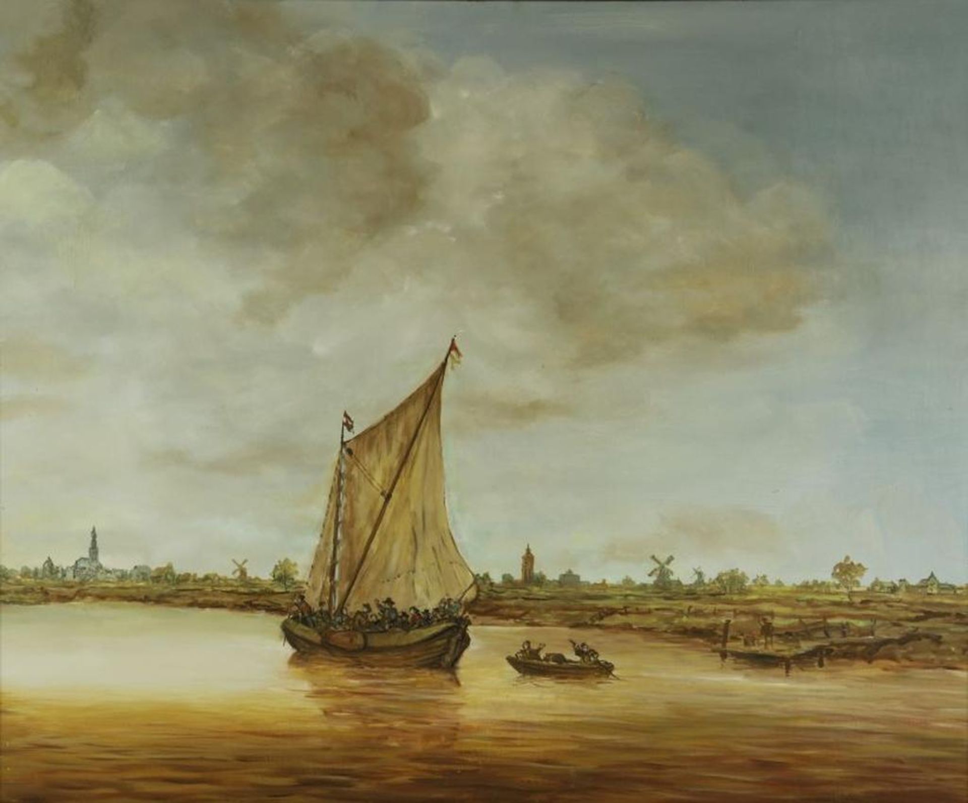 Onbekend, onges. naar Jan van Goyen, zeilboot met figuren in vaart, doek 90 x 110 cm.