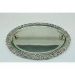 A silver tray with glas inlay, open worked edge with floral and bird pattern, Dutch, mm Fa.