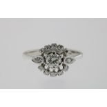 A white gold cluster ring set with diamonds, central brilliant cut diamond 0.25ct, 750/000, gross w.