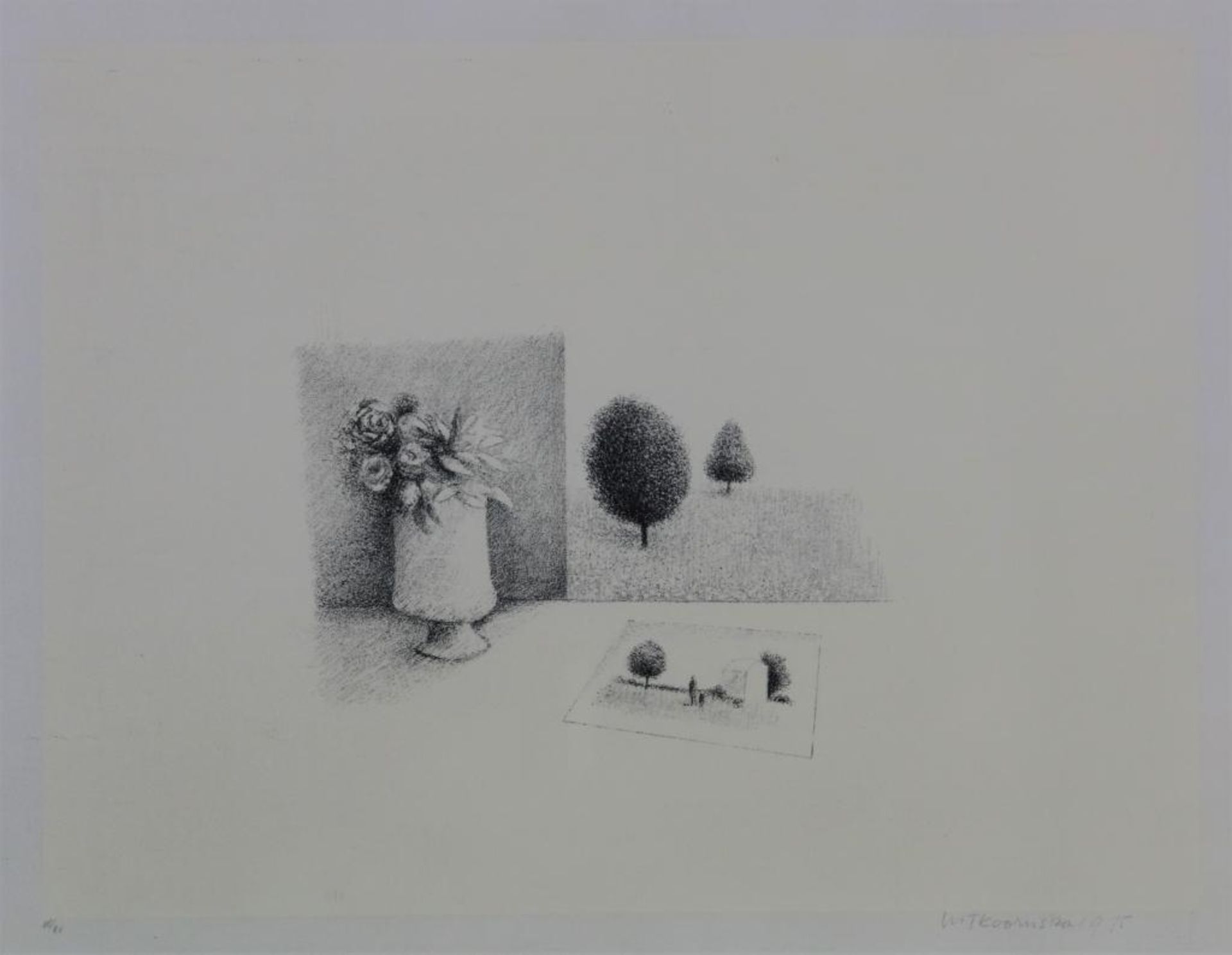 KOORNSTRA, METTEN (1912-1978), ges. en gedat. 1975 r.o., compositie met bloemen in vaas en bomen,
