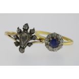 Two yellow gold rings, set with sapphire and old cut diamonds, 585/000 and 750/000, gross w. 5,