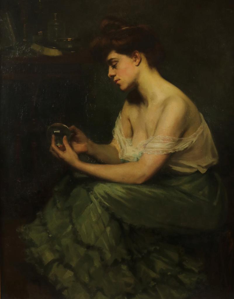 LUCAS, MAY LANCASTER (1853-1920), signed lower left, elegant lady with glass ball, oil on canvas 131