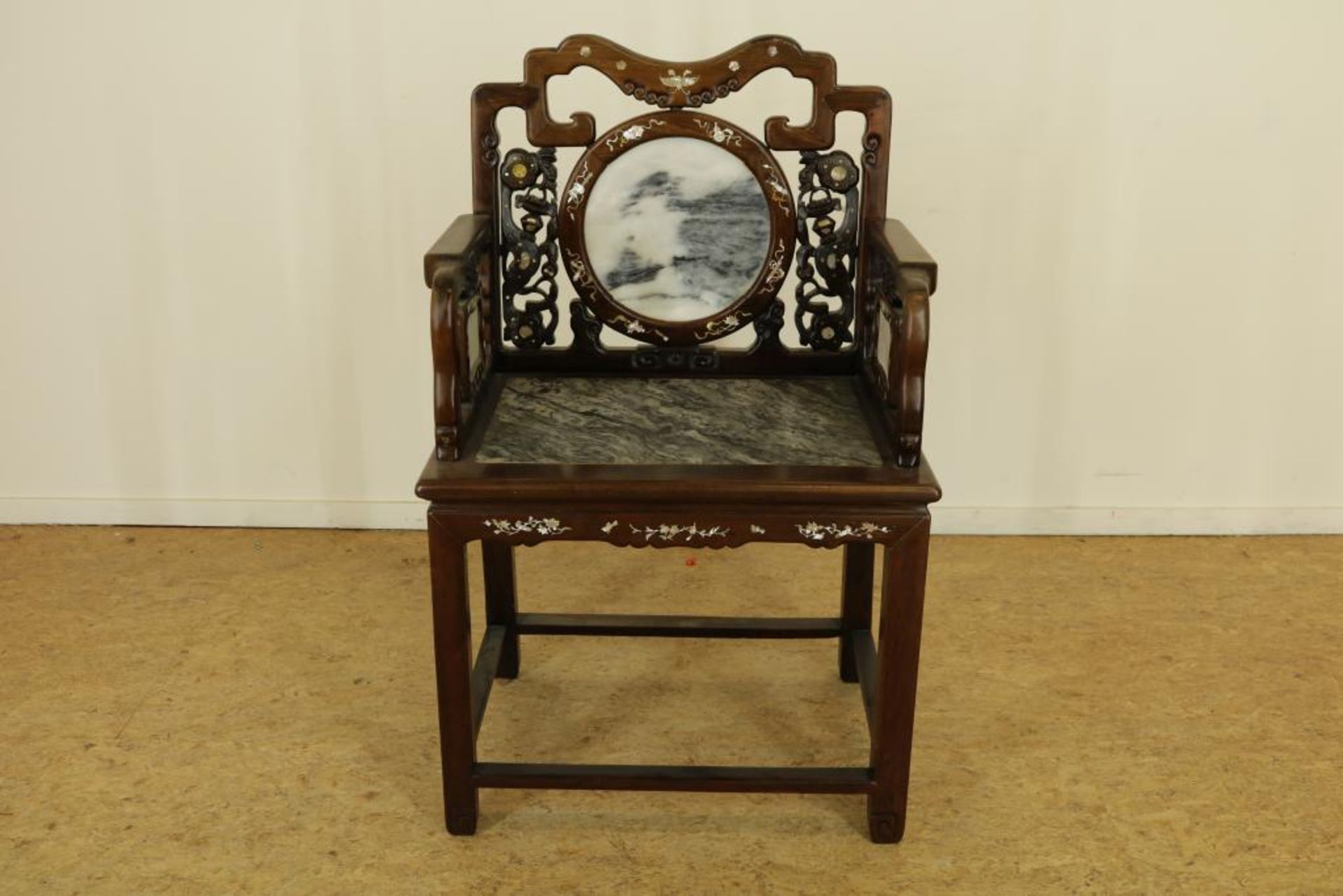 Wooden chinese chair with marble and mother of pearl inlay, China 20th century. (marble restored)