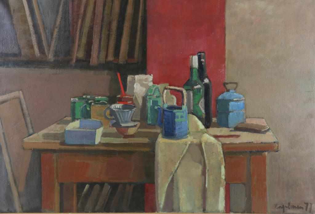 ENGELMAN, HANS (1922-2000), signed and dated '77 l.r., still life with wine bottles, coffee pot