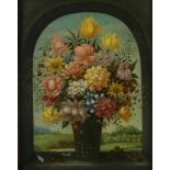 Unknown, unsigned. 18th century, still life with bunch of flowers in window opening, painting on