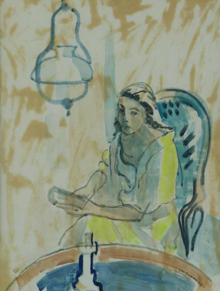 PEETERS, JAN (1912-1992), ges. en gedat. 1957 r.o., vrouw met boek op stoel, aquarel 63 x 48 cm.