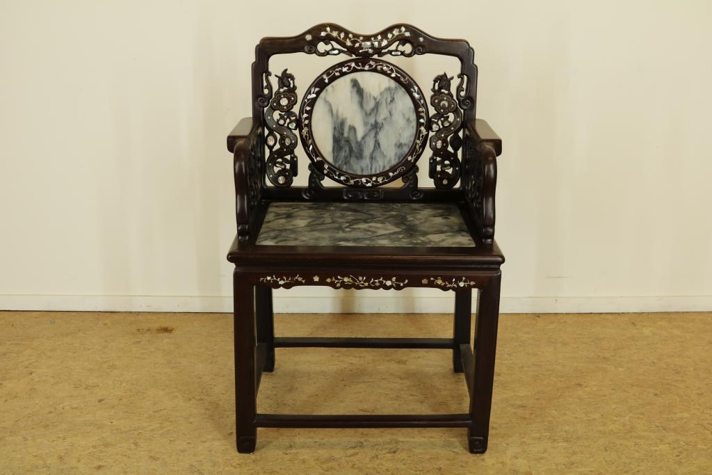 Wooden chinese chair with marble and mother of pearl inlay, China 20th century.Hardhouten