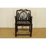 Wooden chinese chair with marble and mother of pearl inlay, China 20th century.Hardhouten