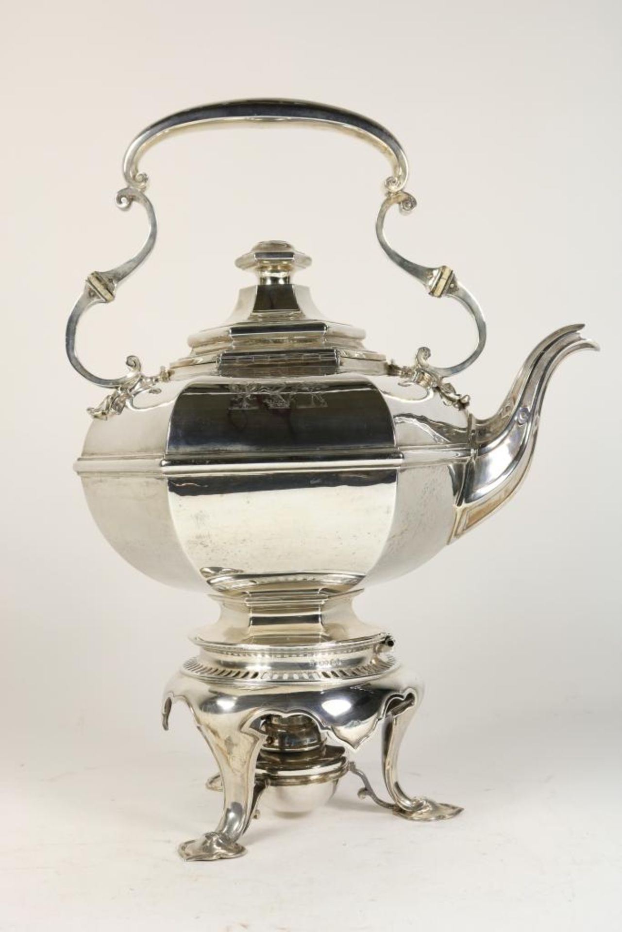 A hexagonal silver water kettle or bouilloire and burner Kettle: London, mm J.S. Hunt, retailers