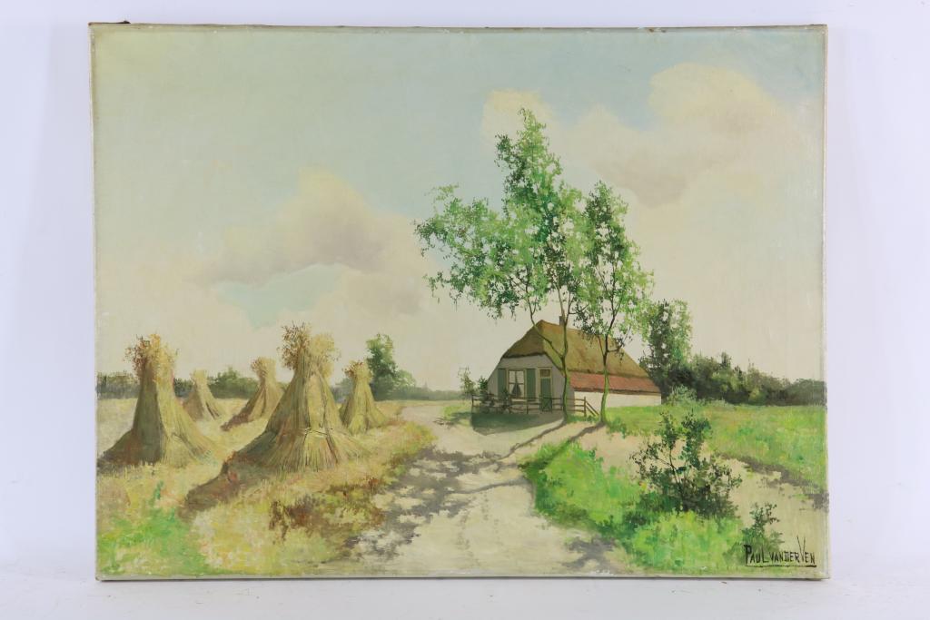 VEN VAN DER PAUL (1892-1972), ges. r.o., korenschoven aan zandweg bij boerderij, doek 60 x 80 cm. - Image 2 of 3