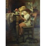 WALHAIN, CHARLES ALBERT (1877-1936), signed L.l., girl with bird at kitchen table, oil on canvas 131