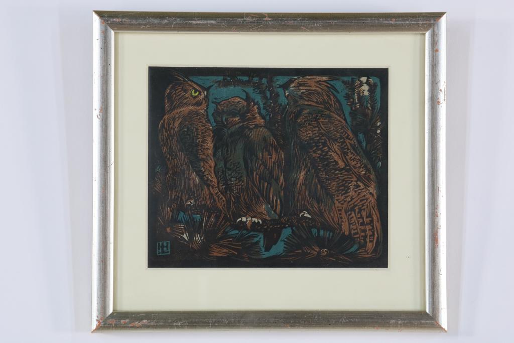 LEEUW HENRI, mono. l.l. Owl, woodcut, 15 x 17 cm.LEEUW HENRI, gemon. l.o., Uilen, houtsnede 15 x - Image 2 of 3