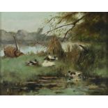 Ruig, A., signed, ducks at a shore, canvas 40 x 50 cm.RUIG, A., ges. r.o., eendjes aan de waterkant,