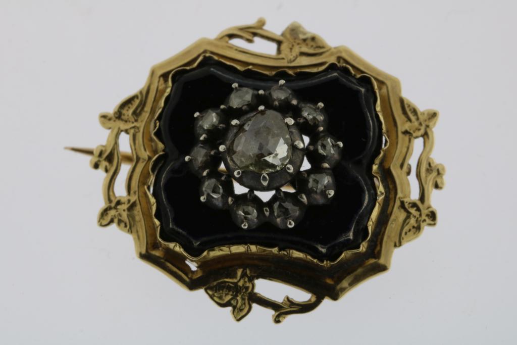 A yellow gold brooch, with blue enamel on silver and rose cut diamonds, 19th century, width 3cm. - Image 2 of 4