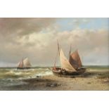 HULK, ABRAHAM (1813-1897), signed l.r., fishermen when fishing boats on beach, oil on canvas 40 x 60