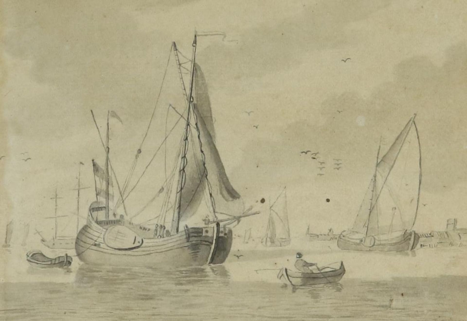 Onbekend, onges. 18e eeuw, schepen, sepia 14 x 20 cm.