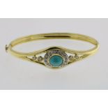 A yellow gold bracelette set with turquois and brilliant cut diamonds, total ca. 0.25ct, 750/000,