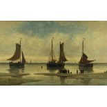 MOERMAN, A., met sign. r.o. bomschuiten en vissersvolk op strand, paneel 80 x 140 cm.