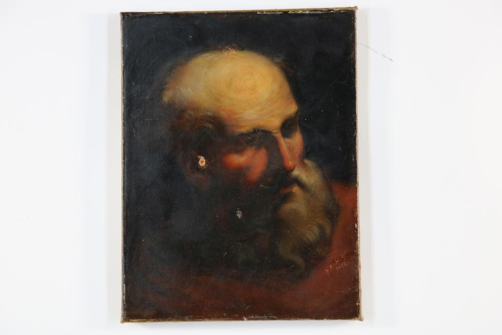 Onbekend, onduid. ges. 19e eeuw, man met baard, doek 37 x 28 cm. -gedoubleerd- - Image 2 of 4