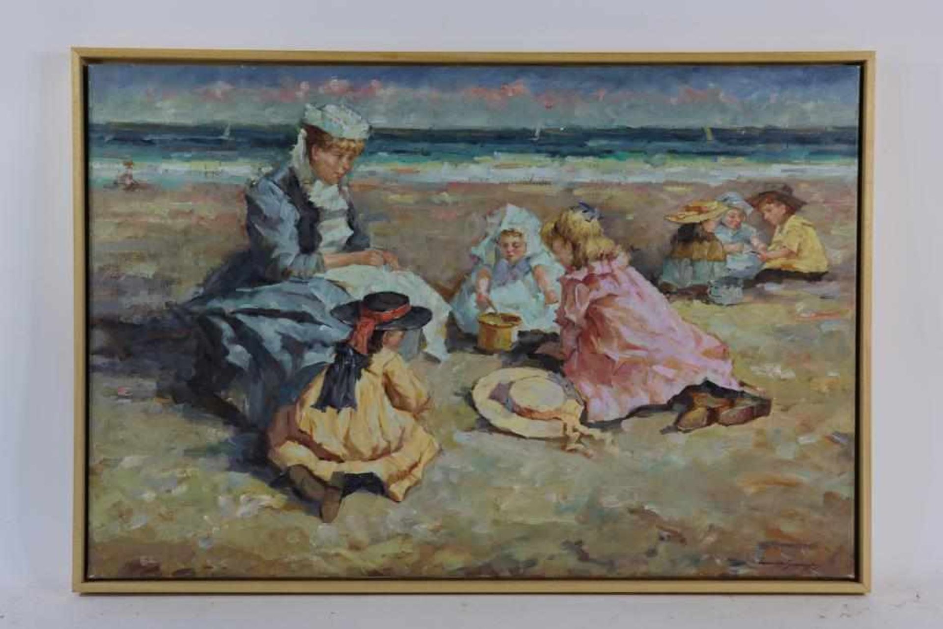 Garrington, Leanora beach view, signed r.o. Mother with children on the beach, oil on canvas 60 x 90 - Bild 2 aus 4