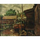 VOLKERS ADRIANUS (1904-1983), sign. l.r., Ship in the harbour, board 45 x 58 cm.VOLKERS ADRIANUS (