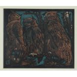 LEEUW HENRI, mono. l.l. Owl, woodcut, 15 x 17 cm.LEEUW HENRI, gemon. l.o., Uilen, houtsnede 15 x