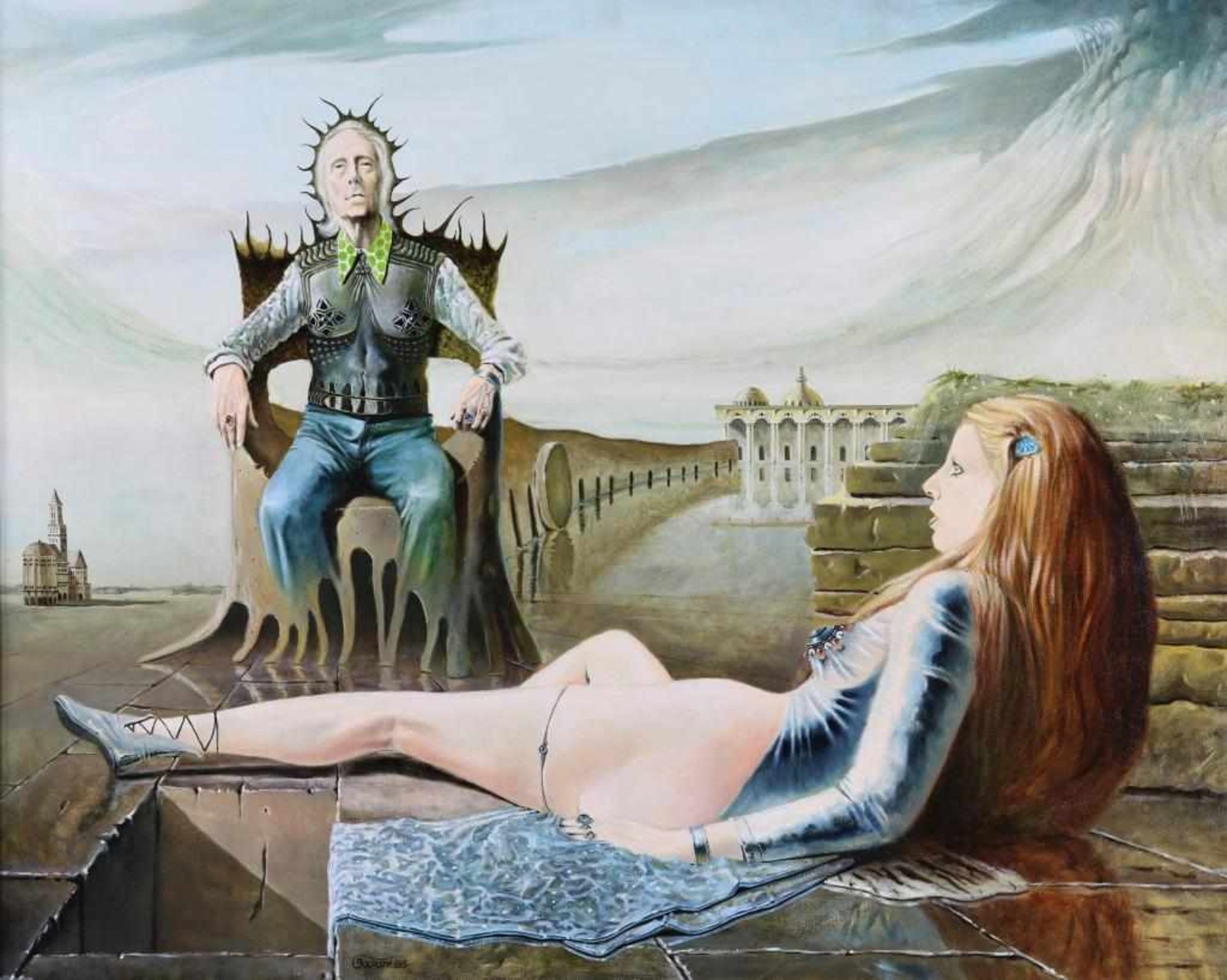 BAKKER HANS JOCHEM (1948), ges. en gedat. 1975 surrealistisch landschap met zittende Carel Willink