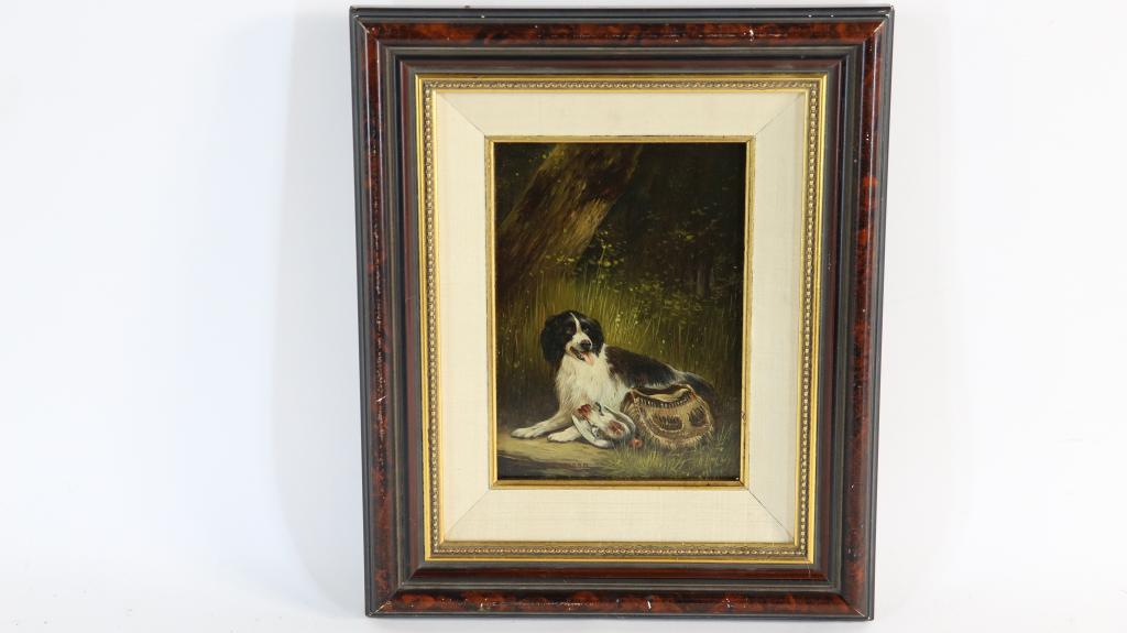 Unknown, unclearly signed l.l., hunting dog with catch, oil on panel 18 x 23 cm.Onbekend, onduid. - Image 2 of 4