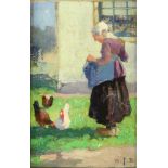 Delfgaauw, Gerard, signed, farmers' wife feeding chickens, board 15 x 10 cm.DELFGAAUW, GERARD (