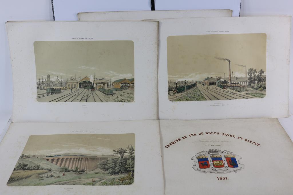 Portfolio with 9 lithographs of French Railways: Rouen, Havre et Dieppe, by Maugendre, Paris 1851.