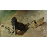 Unknown, unsigned around 1900, chicken protects the brood against a playful pup, oil on canvas 68