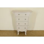 White painted chest of drawers with 4 drawers, h. 95, w.77, d. 40 cm.Witgeschilderde commode met 4