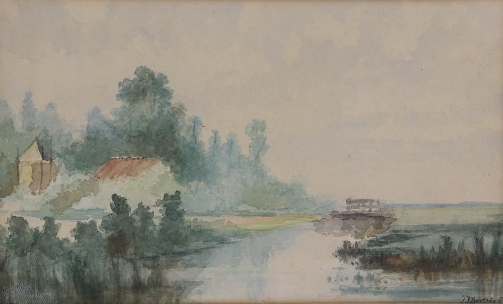 Destree, J.J., signed, ditch close to farm, watercolor 22 x 37 cm.DESTREE, JOHANNES JOSEPHUS (1827-