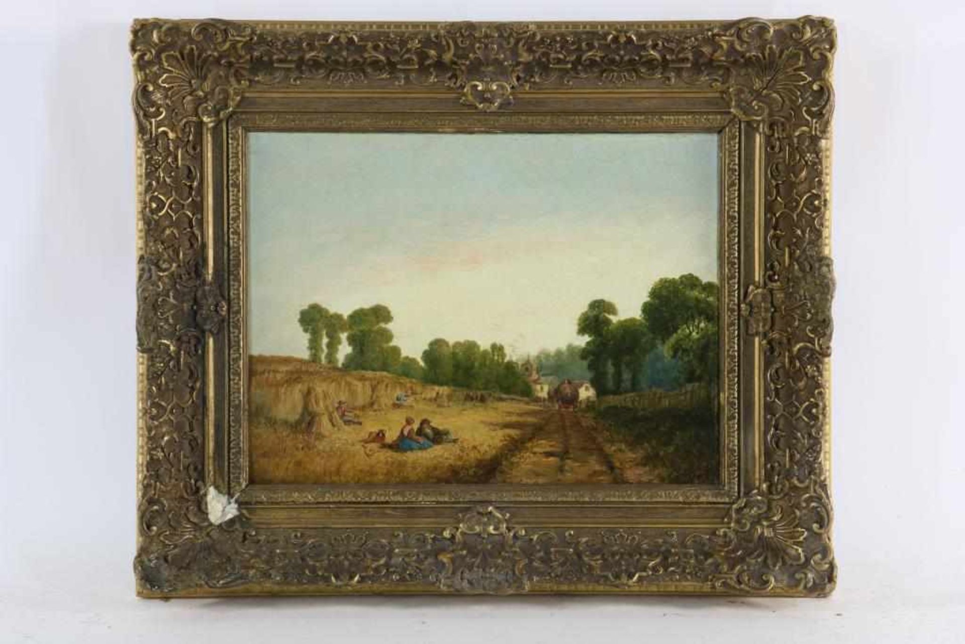 Onbekend, gemon. HK r.o. 19e eeuw, figuren in graanveld, doek 31 x 41 cm. -gedoubleerd- - Bild 2 aus 4