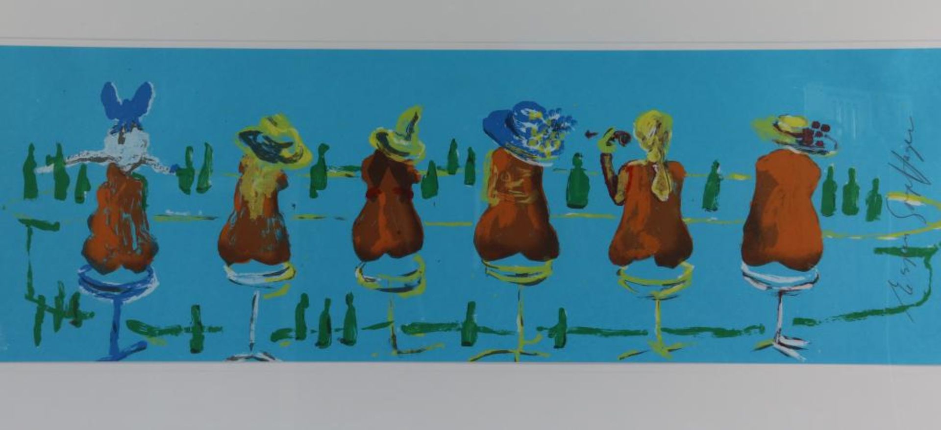 HAGEN ESPEN, Female figures at the bar, sik screen E.A., 38 x 120 cm.HAGEN ESPEN, Dames aan de