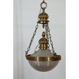 Bronze hanging lamp with glass shadeBronzen hanglamp met holophane glazen kap.